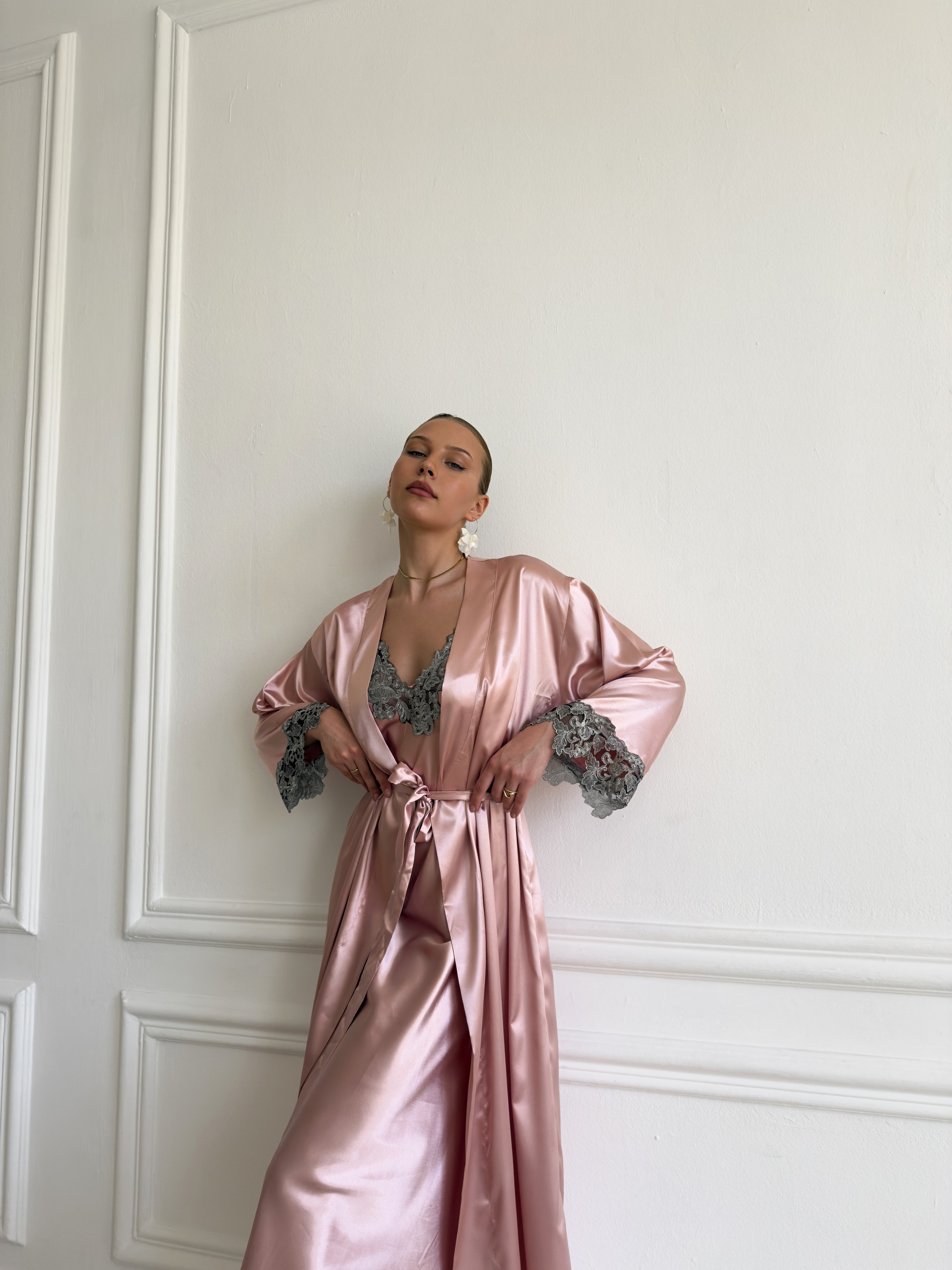 Rosaline Satin Robe & Embroidered Lace Slip Dress Set