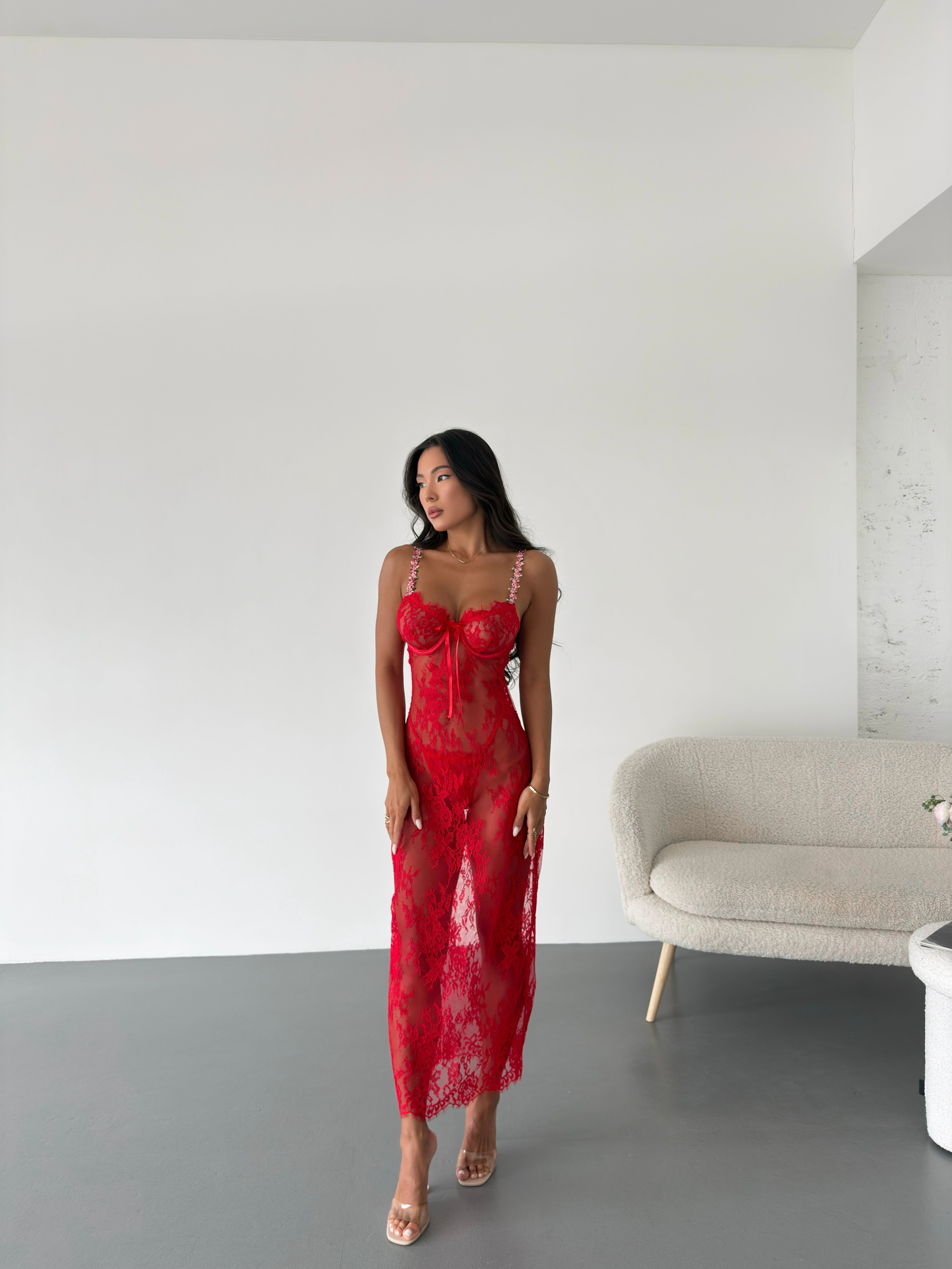 Blossom Lace Maxi Dress with Floral Strap Detailing