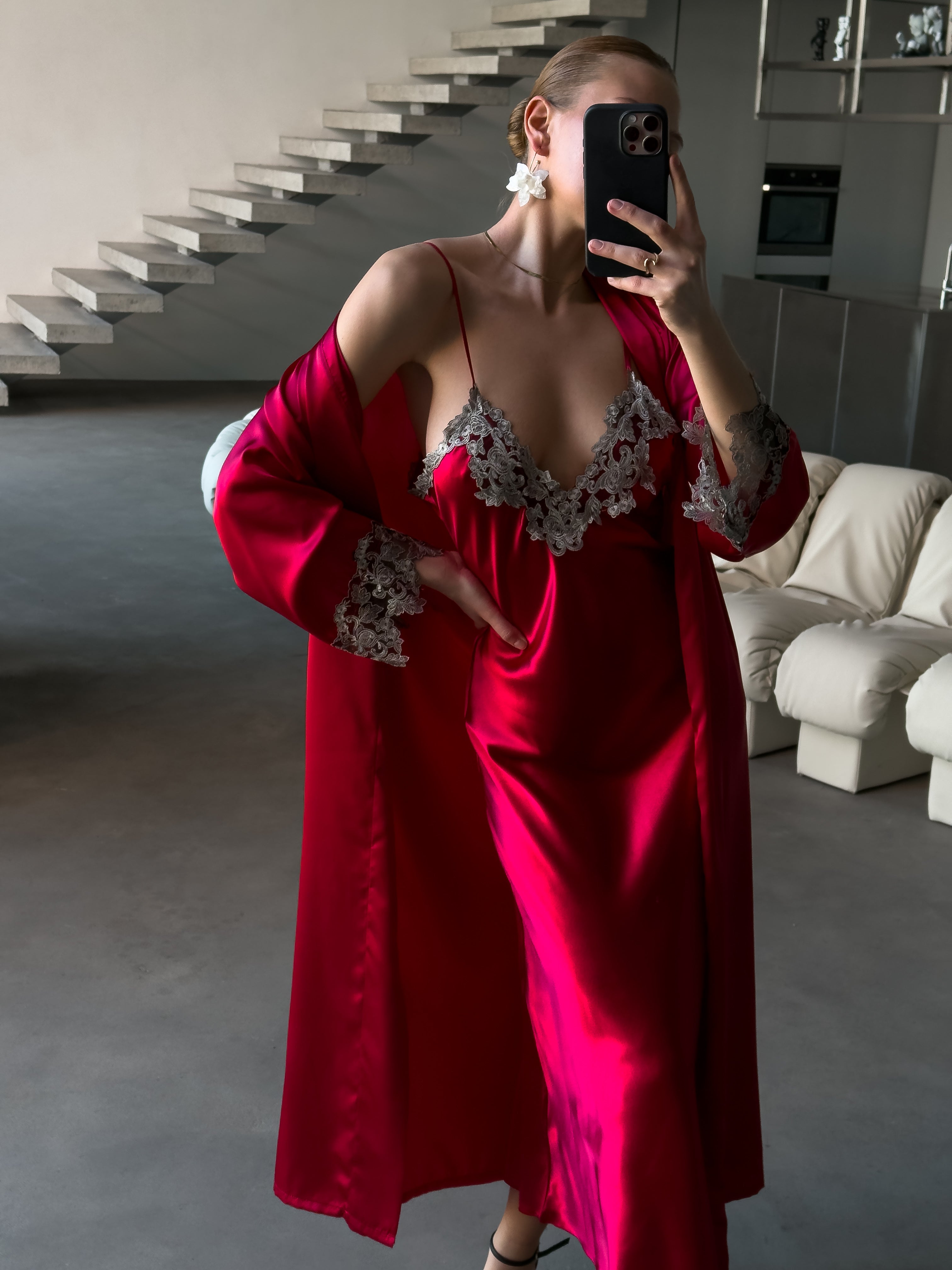 Rosaline Satin Robe & Embroidered Lace Slip Dress Set