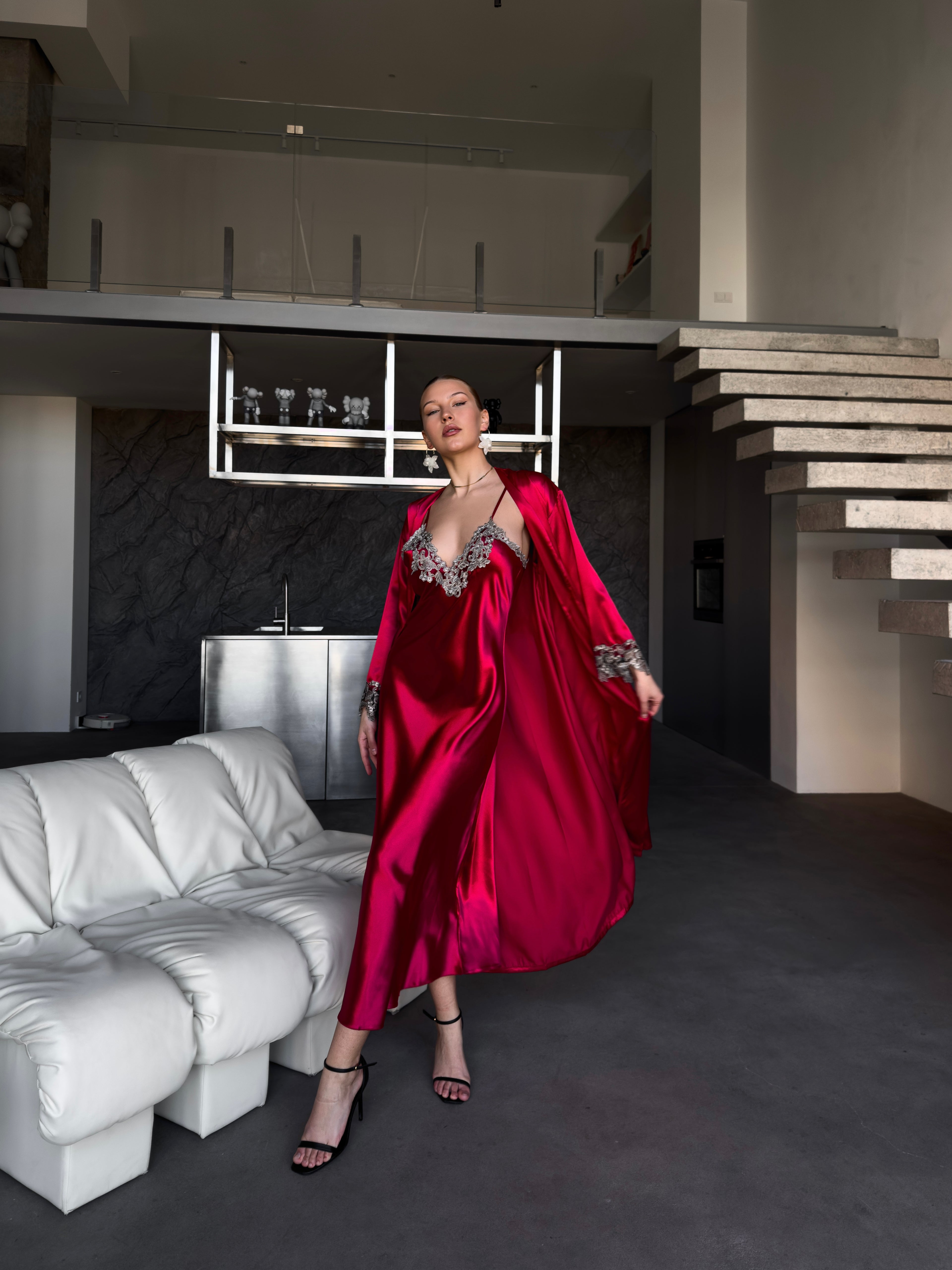 Rosaline Satin Robe & Embroidered Lace Slip Dress Set