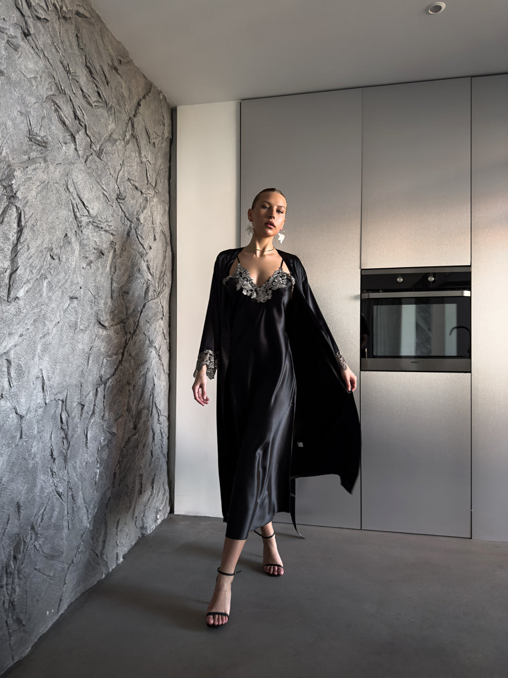Rosaline Satin Robe & Embroidered Lace Slip Dress Set