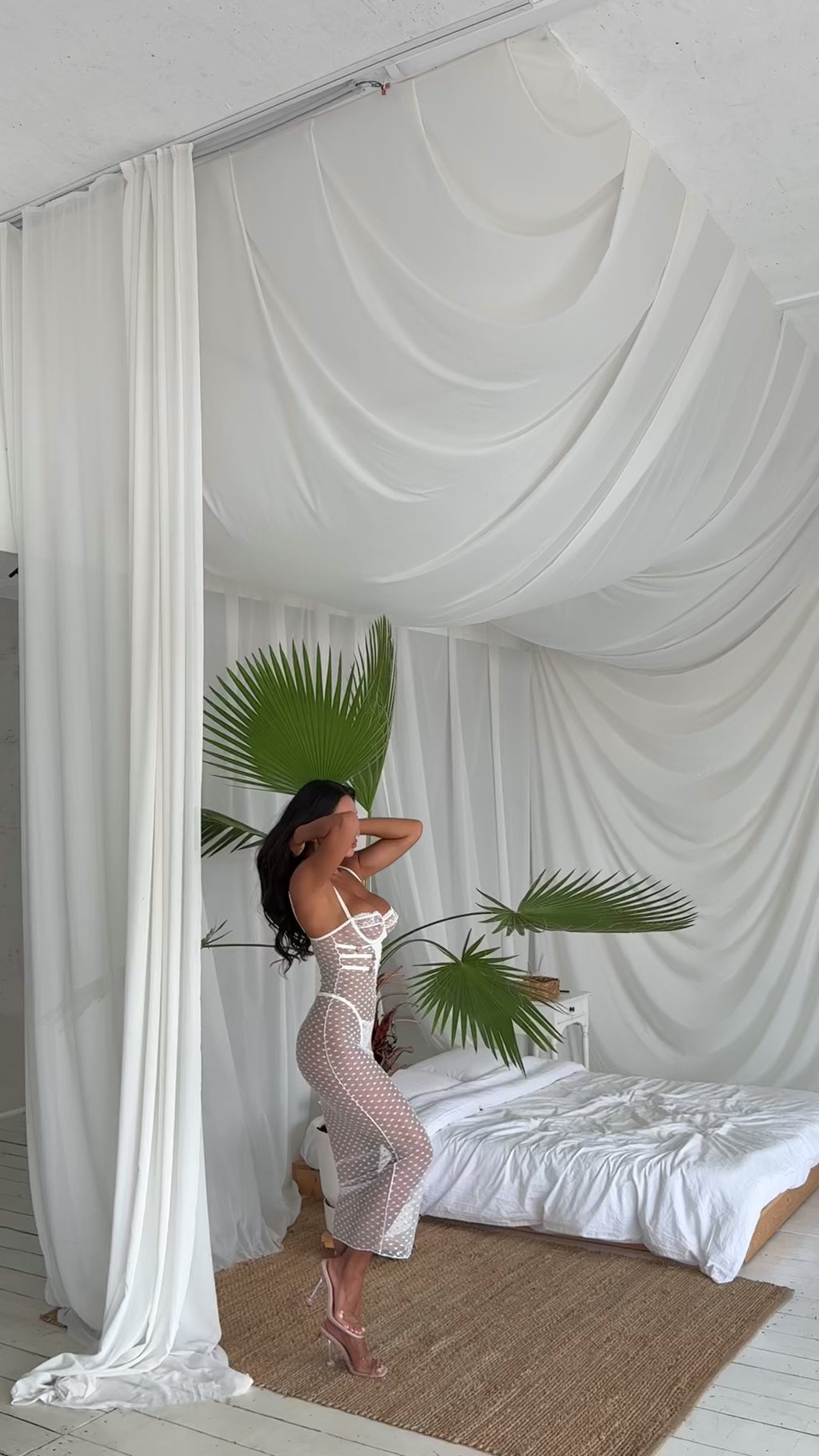 White Corset Maxi Dress with Polka Dot Mesh